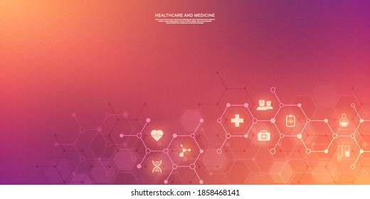 Healthcare and technology concept with flat icons and symbols. Template design for health care business, innovation medicine, pharmaceutical industry, science background, medical research.