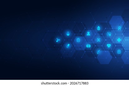 Healthcare and technology concept with flat icons and symbols. Template design for health care business, innovation medicine, pharmaceutical industry, science, medical research