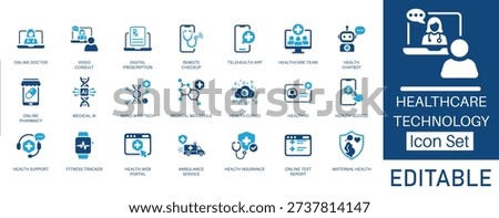 Healthcare technology and digital medicine solid glyph icon set. Vector symbols for telehealth, online doctor, medical AI, remote checkup, digital prescription, and health cloud.