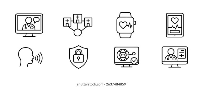 Healthcare and technology line icon set. medical innovation, digital health symbols.