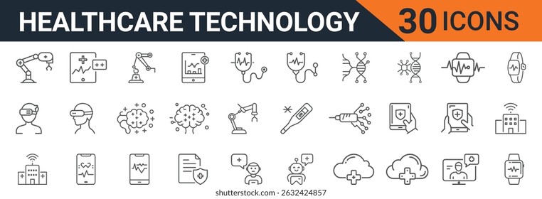 Healthcare technology line icons set with AI, robotics, wearable devices, smart health apps, cloud computing, and telemedicine illustrations