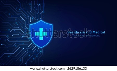 Healthcare technology and medical insurance concept. Protection shield cross icon on circuit board. Innovation, treatment, and medicine. Futuristic Hi-tech background. Vector illustration.