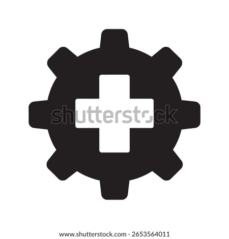 Healthcare technology and optimization icon with a gear and a medical plus sign representing innovation in medicine and system improvement vector solid glyph icon