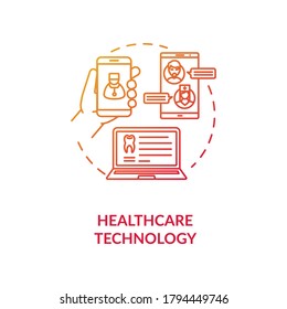 Healthcare Technology Red Gradient Concept Icon. Remote Communication Between Doctor And Patient. Hospital Mobile App Idea Thin Line Illustration. Vector Isolated Outline RGB Color Drawing