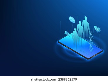 Healthcare technology The smartphone screen has a hologram of a person along with their organs. telemedicine via mobile phone This allows doctors to know the symptoms and patients receive treatment.