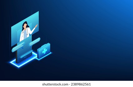 Healthcare technology The smartphone screen shows a picture of a doctor with text below. telemedicine media It is an initial treatment for patients' symptoms without having to go to the hospital.