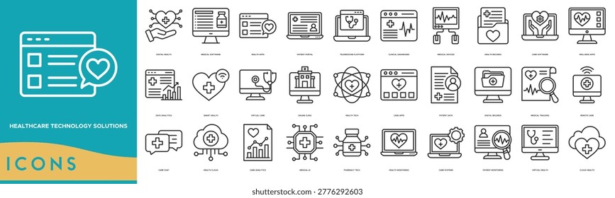 Healthcare Technology Solutions icon set. Digital Health, Medical Software, Health Apps, Patient Portal, Telemedicine Platform, Clinical Dashboard, Medical Devices, Health Records and Care Software