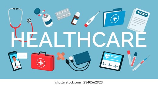 Healthcare text surrounded by medical equipment: assistance and concept