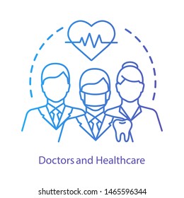 Healthcare, therapists concept icon. Medical workers, cardiologists, dentists in uniform idea thin line illustration. Health monitoring, control. Vector isolated outline drawing. Editable stroke