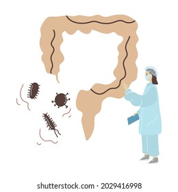 Healthcare therapy of human intestine. doctor treat and analysis alimentary canal. Cartoon hand drawn character design.