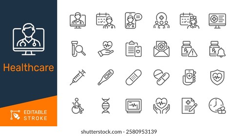 Healthcare thin line icons. Editable stroke. Pixel perfect.