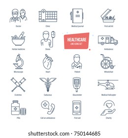 Healthcare thin line icons, pictogram and symbol set. Icons for medical services, ambulance, pharmacology, outpatient treatment. Healthcare system, medical diagnostic equipment. Vector illustration.