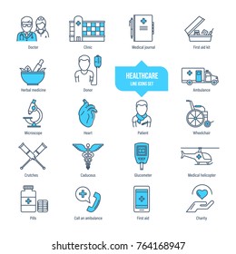 Healthcare thin line icons, pictogram set. Icons for medical services, ambulance, clinic, pharmacology, first aid, treatment. Healthcare system, medical equipment Illustration editable stroke