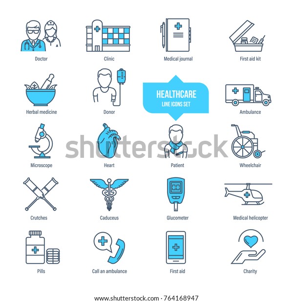 Healthcare thin line icons, pictogram set. Icons\
for medical services, ambulance, clinic, pharmacology, first aid,\
treatment. Healthcare system, medical equipment Illustration\
editable stroke