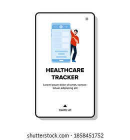 Healthcare Tracker Smartphone Application Vector. Young Boy Using Digital Health Care Tracker Phone App. Character Checking Information On Cellphone Display Web Flat Cartoon Illustration