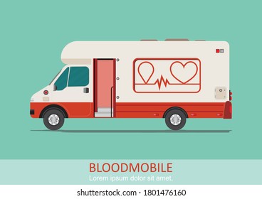 Healthcare Transport Illustration Blood Mobile Van. Medical Special Truck Vehicle For Blood Donation. Mobile Blood Donation Center Vehicle Vector Illustration.