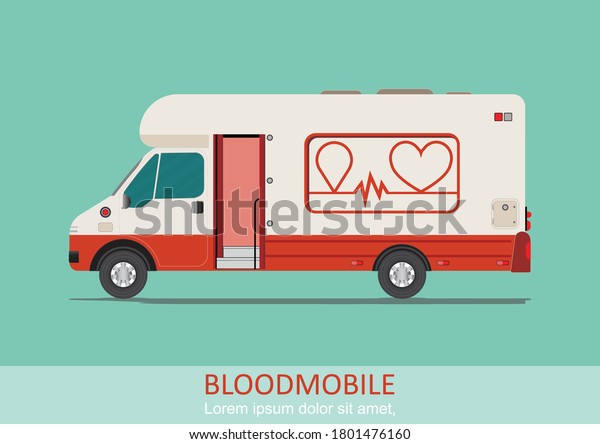 Healthcare transport illustration\
blood mobile van. Medical special truck vehicle for blood donation.\
Mobile blood donation center vehicle vector\
illustration.