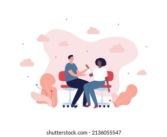 Healthcare and trauma treatment concept. Vector flat people illustration. Male doctor or nurse bandages hand of african female patient sitting on chair. Design for hospital infographic.