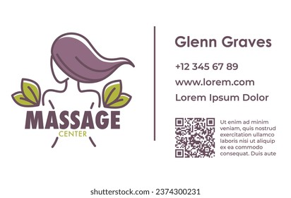 Gesundheitsversorgung und Behandlung von Rückenmuskeln, Massagezentrum mit Spezialisten und professionellen Masseuren und Masseuren. Visitenkarte, Werbung oder Branding. Vektorgrafik im Flachstil