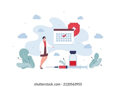 Healthcare, vaccination and illness prevention concept. Vector flat people illustration. Asian female doctor with vaccine in syringe and bottle. Calendar with checkmark on day symbol.