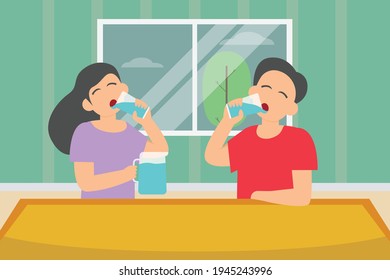 Healthcare vector concept: Young couple drinking a glass of water while enjoying leisure time together