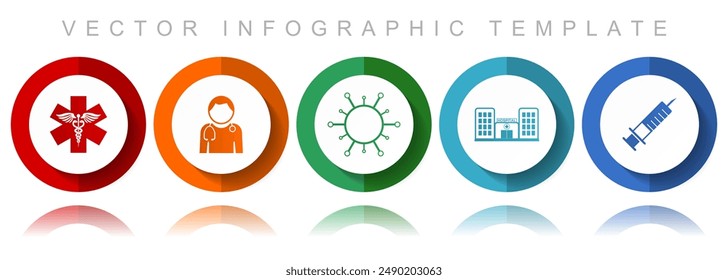 Healthcare vector icon collection, miscellaneous icons such as emergency, doctor, virus, hospital and syringe, flat design infographic template in eps 10