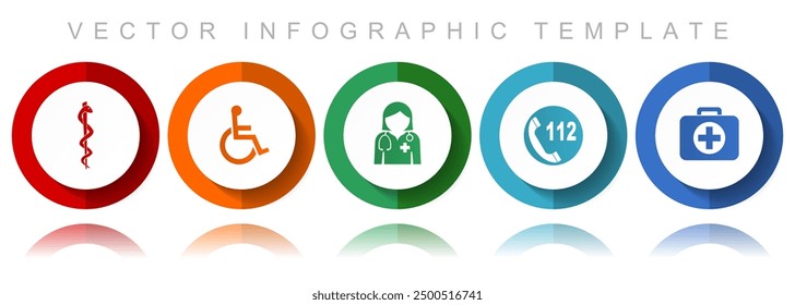 Healthcare vector icon collection, miscellaneous icons such as cadyceus, first aid, doctor, emergency call and wheelchair, flat design infographic template in eps 10