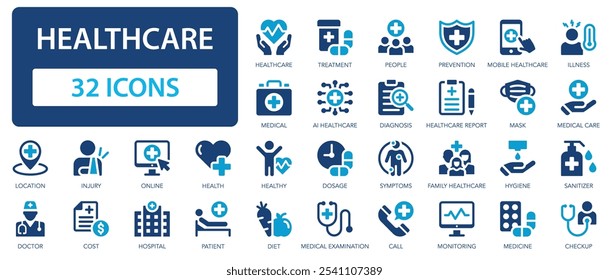 Vektorsymbolsatz für das Gesundheitswesen. Medizin, Behandlung, Diagnose, Prävention, Gesundheit, Notfall, Arzt.