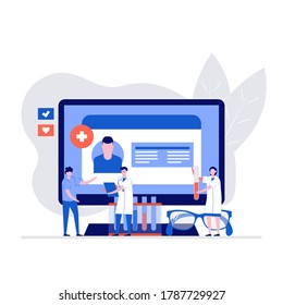 Healthcare vector illustration concept with characters. Doctor standing near laptop with insurance card and medical staff check patient health. Modern flat style for web banner, hero images.