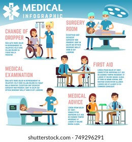 Healthcare vector infographics with medical staff nurses, doctors and patients in hospital. Patient and clinic, doctor healthcare infographic illustration