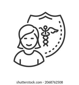 Healthcare - vector line design single isolated icon on white background. High quality black pictogram. Smiling woman stands against the background of health service system logo. Safety idea