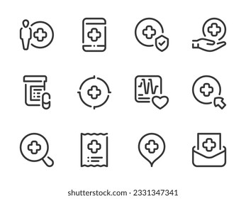 Iconos de línea vectorial de cuidado de la salud. Conjunto de iconos de esquema clínico y hospitalario. Ambulancia, Medicina, Salud, Servicio Médico, Primeros Auxilios y más.