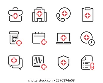 Healthcare vector line icons. Clinic and Hospital outline icon set. Ambulance, Medicine, Health, Medical service, First Aid and more. Color highlight symbols.