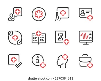 Iconos de línea vectorial de cuidado de la salud. Conjunto de iconos de esquema clínico y hospitalario. Ambulancia, Medicina, Salud, Servicio Médico, Primeros Auxilios y más. Símbolos de resaltado de color.