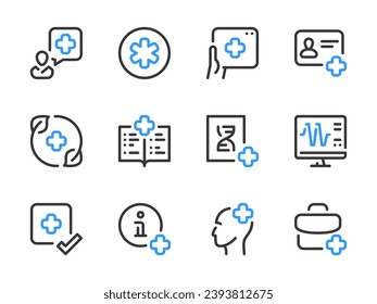 Iconos de línea vectorial de cuidado de la salud. Conjunto de iconos de esquema clínico y hospitalario. Ambulancia, Medicina, Salud, Servicio Médico, Primeros Auxilios y más.