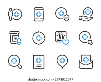 Healthcare vector line icons. Clinic and Hospital outline icon set. Ambulance, Medicine, Health, Medical service, First Aid and more.