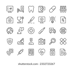 Healthcare. Vector line icons set. Medicine, pharmacy, health care, emergency, medical concepts. Black outline stroke symbols