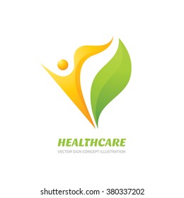 Healthcare vector logo template. Health sign. Healthy symbol. Human character. Man and leaf concept illustration. Nature icon. Ecology positive happiness. 