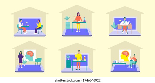 Healthcare video consulting. Online conversation with patients. Narrative illustration set. Psychologist, nutritionist and doctor have a virtual meeting. Vector illustration