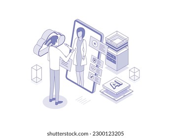 Healthcare virtual assistants, aiding patients and medical professionals with information and support. Artificial intelligence in healthcare lineal isometric illustration