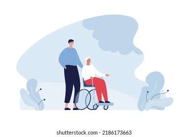 Healthcare Volunteering And Caregiving Concept. Vector Flat People Illustration. Volunteer Help Elder Woman In Wheelchair. Design For Hospital Care Service.