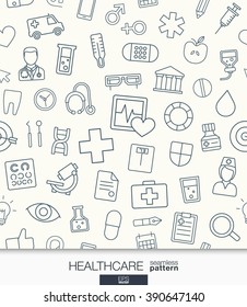 Papel mural de la salud. Patrón médico sin fisuras. Texturas de mosaico con iconos de línea delgada. Ilustración vectorial. Resumen de los antecedentes de salud y medicina para aplicaciones móviles, sitio web, presentación.