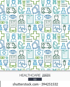 Healthcare wallpaper. Medical seamless pattern. Tiling textures with thin line integrated web icons set. Vector illustration. Abstract health care and medicine background for mobile app, website.