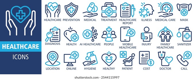 Healthcare web banner icon set vector concept illustrations. Containing treatment, prevention, medical, health, diagnosis, report, illness, injury and more. Solid vector symbol icons collection.