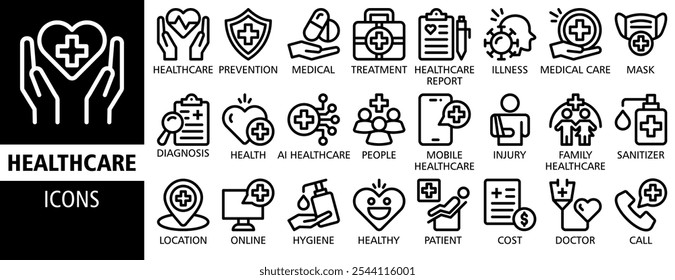 Conjunto de iconos de Anuncio de Web de atención médica ilustraciones de concepto de Vector. Contiene tratamiento, prevención, medicina, salud, diagnóstico, informe, enfermedad, lesión y más. Colección de iconos de Vector sólido.