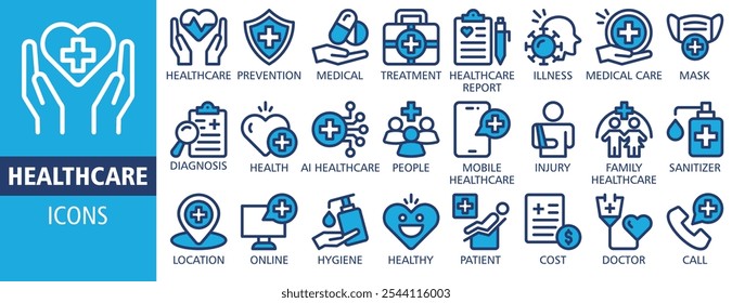 Healthcare web banner icon set vector concept illustrations. Containing treatment, prevention, medical, health, diagnosis, report, illness, injury and more. Solid vector symbol icons collection.