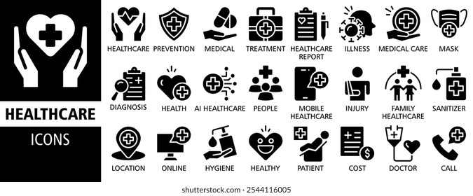 Webbanner im Gesundheitswesen - Symbolsatz für Vektorkonzept-Illustrationen. Enthalten Behandlung, Prävention, medizinische, Gesundheit, Diagnose, Bericht, Krankheit, Verletzung und mehr. Sammlung von Symbolen für durchgezogene Vektorgrafiken.