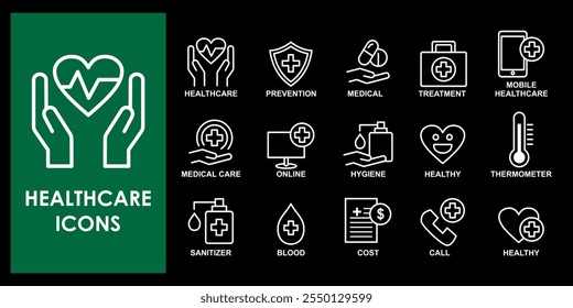 Healthcare web banner icon set vector concept illustrations. Containing treatment, prevention, medical, health, diagnosis, report, and more. 