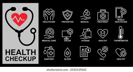 Healthcare web banner icon set vector concept illustrations. Containing treatment, prevention, medical, health, diagnosis, report, and more. 