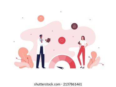 Healthcare For Weight And Anorexia Treatment Concept. Vector Flat People Illustration. Doctor And Female Patient Character. Woman With Underweight On Nutritionist Consultation.